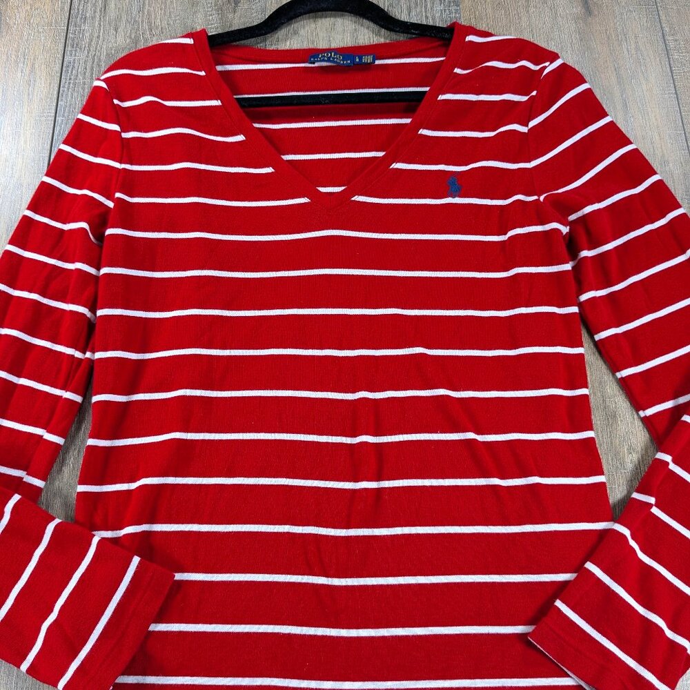 2/$30 Polo Ralph Lauren Top Womens Large Red Striped Long Sleeve V Neck Preppy